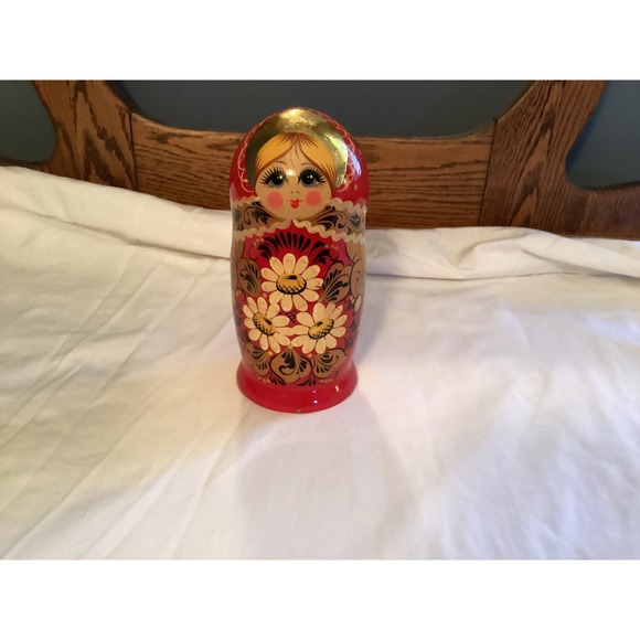 Russian Nesting Doll Wooden  5 Piece‎ Complete Preowned Red Floral Handpainted - Picture 8 of 10
